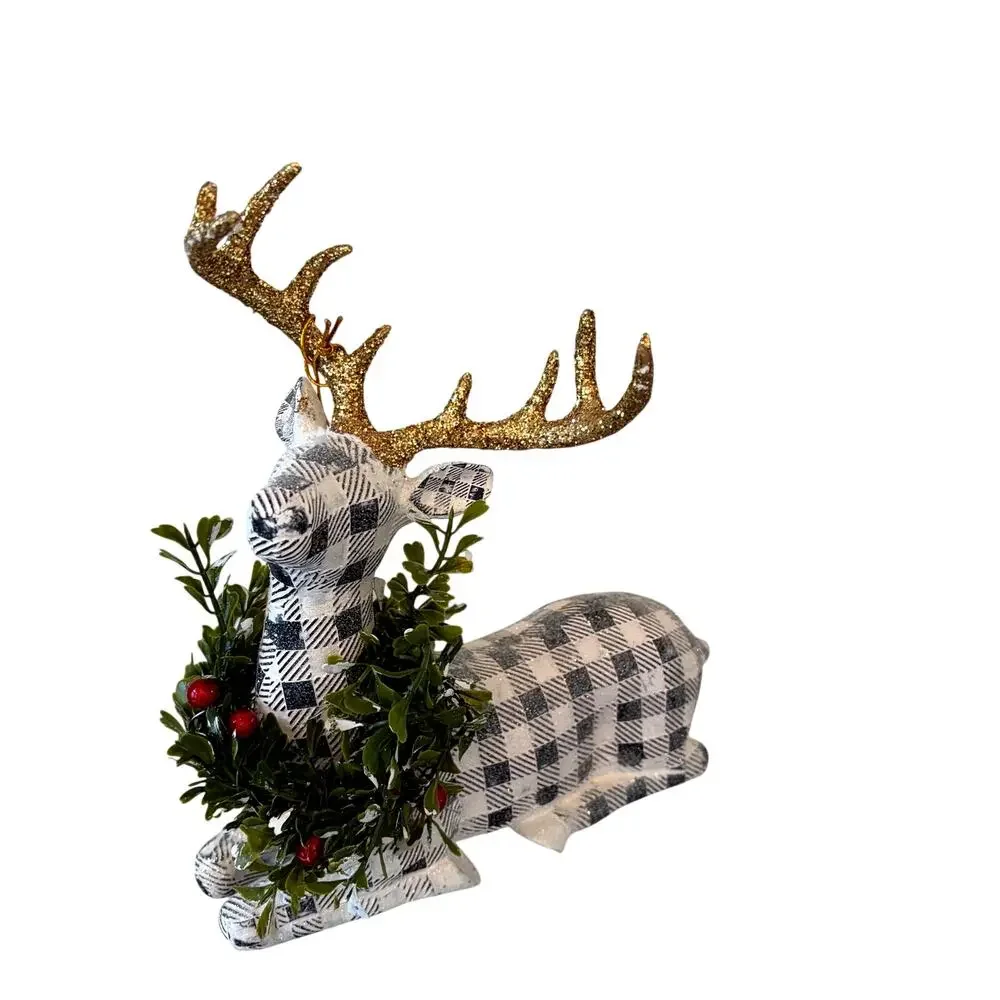 Mark Roberts Plaid Christmas Reindeer Gold Antlers 3pc 13in Holiday Decor NEW